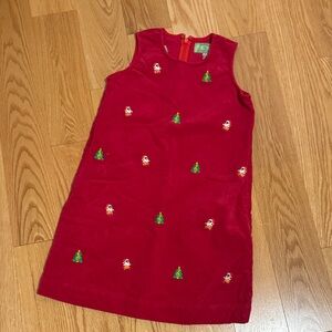 Castaway | Red Corduroy Dress Embroidered Santas
